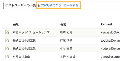 ゲストユーザー管理画面でCSV形式でダウンロードするボタンが表示されている